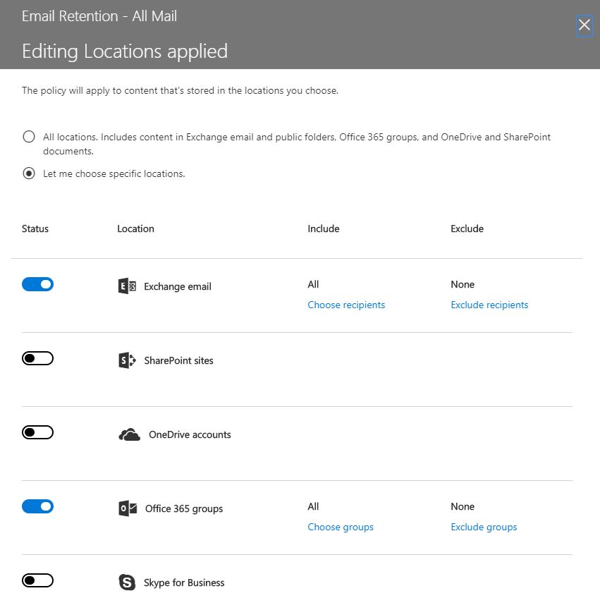 Retention policy applied locations