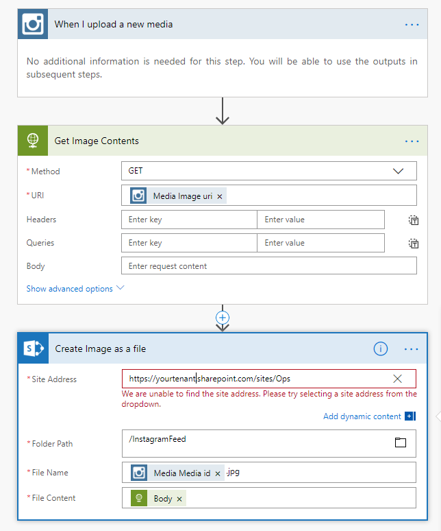 Instagram to SharePoint Flow